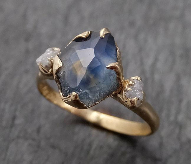 Partially faceted Montana Sapphire natural Blue sapphire gemstone Raw Rough Diamond 14k Yellow Gold Engagement multi stone 1566 - by Angeline