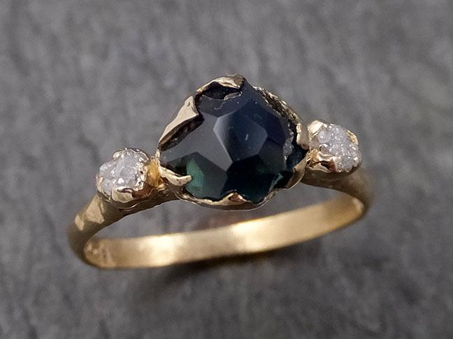 Partially faceted Montana Sapphire natural green sapphire gemstone Raw Rough Diamond 14k Yellow Gold Ring Engagement multi stone 1567 - by Angeline