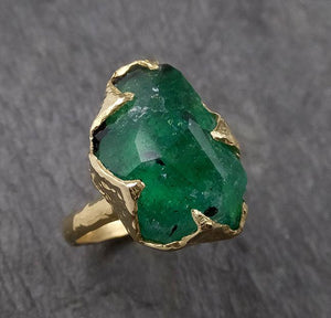 Partially Faceted Emerald Solitaire and yellow 18k Gold Ring Birthstone One Of a Kind Gemstone Cocktail Ring Recycled 1564 - by Angeline
