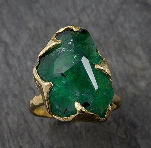 Partially Faceted Emerald Solitaire and yellow 18k Gold Ring Birthstone One Of a Kind Gemstone Cocktail Ring Recycled 1564 - by Angeline