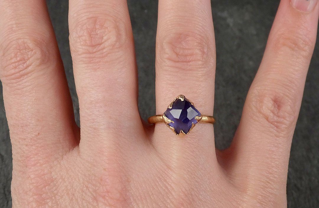 Partially Faceted Sapphire Solitaire 14k yellow Gold Engagement Ring Wedding Ring Custom One Of a Kind Gemstone Ring 1571 - by Angeline