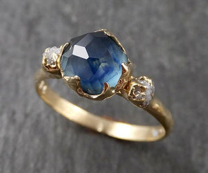 Partially faceted Montana Sapphire Diamond 14k yellow Gold Engagement Ring Wedding Ring Custom One Of a Kind blue Gemstone Ring Multi stone Ring 1575 - by Angeline
