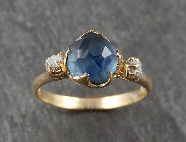 Partially faceted Montana Sapphire Diamond 14k yellow Gold Engagement Ring Wedding Ring Custom One Of a Kind blue Gemstone Ring Multi stone Ring 1575 - by Angeline