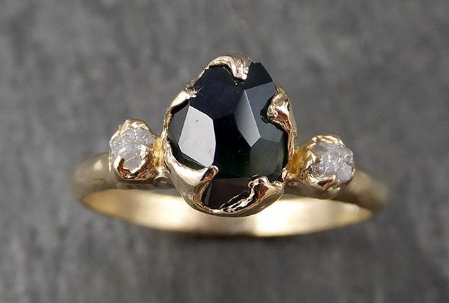 Partially faceted Montana Sapphire natural green sapphire gemstone Raw Rough Diamond 14k Yellow Gold Engagement ring multi stone 1576 - by Angeline