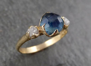 Montana Blue Sapphire rough Diamond 14k yellow Gold Partially Faceted Engagement Ring Wedding Ring Gemstone Ring Multi stone Ring 1574 - by Angeline