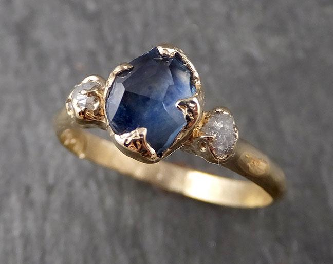 Partially faceted Montana Sapphire Diamond 14k yellow Gold Engagement Ring Wedding Ring Custom One Of a Kind blue Gemstone Ring Multi stone Ring 1573 - by Angeline