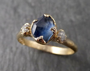 Partially faceted Montana Sapphire Diamond 14k yellow Gold Engagement Ring Wedding Ring Custom One Of a Kind blue Gemstone Ring Multi stone Ring 1573 - by Angeline