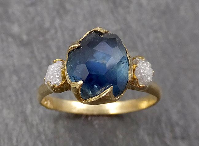 Partially faceted Montana Sapphire Diamond 18k yellow Gold Engagement Ring Wedding Ring Custom One Of a Kind blue Gemstone Ring Multi stone Ring 1603 - by Angeline