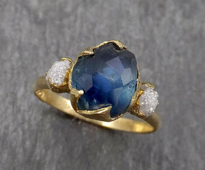 Partially faceted Montana Sapphire Diamond 18k yellow Gold Engagement Ring Wedding Ring Custom One Of a Kind blue Gemstone Ring Multi stone Ring 1603 - by Angeline