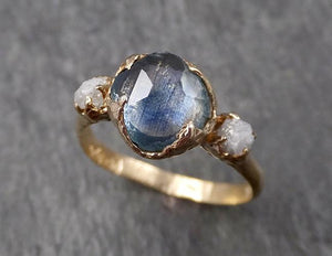 Partially faceted Montana Sapphire Diamond 14k yellow Gold Engagement Ring Wedding Ring Custom One Of a Kind blue Gemstone Ring Multi stone Ring 1602 - by Angeline