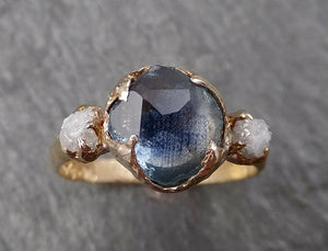 Partially faceted Montana Sapphire Diamond 14k yellow Gold Engagement Ring Wedding Ring Custom One Of a Kind blue Gemstone Ring Multi stone Ring 1602 - by Angeline