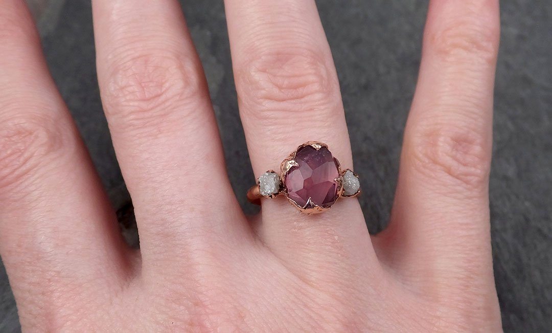 Alternative engagement ring Partially Faceted purple Spinel 14k Rose gold Multi Stone Ring Gold Gemstone 1601 - by Angeline