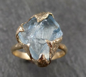 Raw uncut Aquamarine Solitaire 14k Yellow gold Ring Custom One Of a Kind Gemstone Ring Bespoke byAngeline 1614 - by Angeline