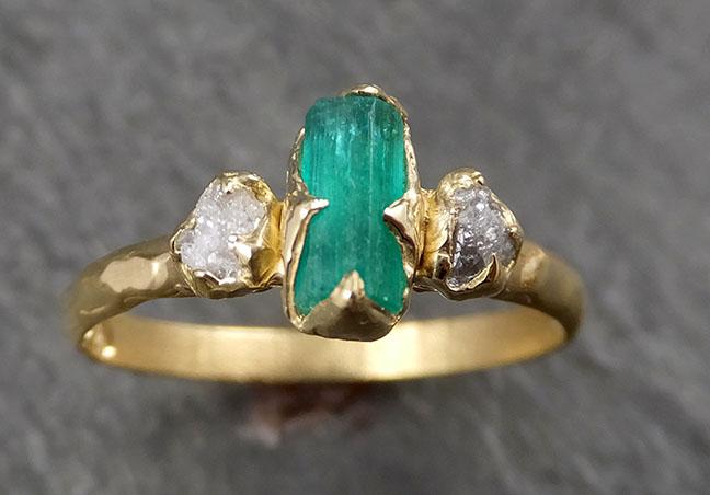 Raw Rough Emerald Conflict Free Diamonds Dainty 18k yellow Gold Ring One Of a Kind Gemstone Multi stone Engagement Wedding Ring Recycled gold 1616 - by Angeline