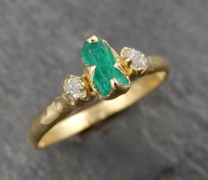 Raw Rough Emerald Conflict Free Diamonds Dainty 18k yellow Gold Ring One Of a Kind Gemstone Multi stone Engagement Wedding Ring Recycled gold 1621 - by Angeline