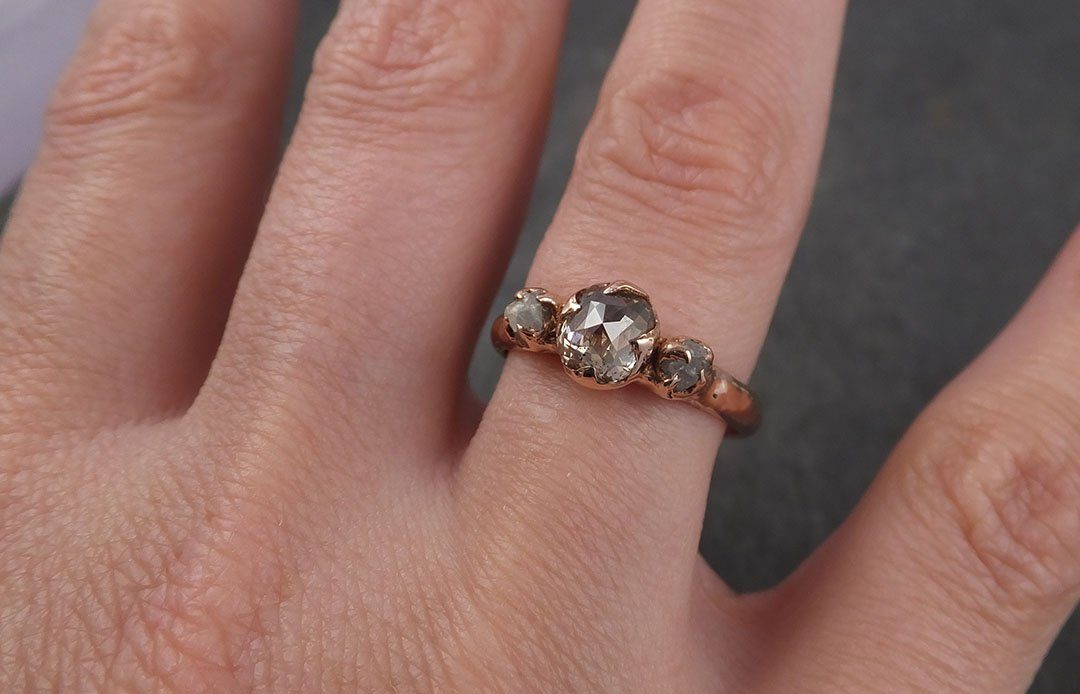 Faceted Fancy cut Champagne Diamond Engagement 14k Rose Gold Multi stone Wedding Ring Rough Diamond Ring byAngeline 1630 - by Angeline