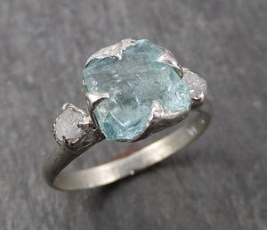 Raw Rough and Aquamarine and Diamond 14k White Gold Multi stone Ring One Of a Kind Gemstone Ring Recycled gold 1643 - by Angeline