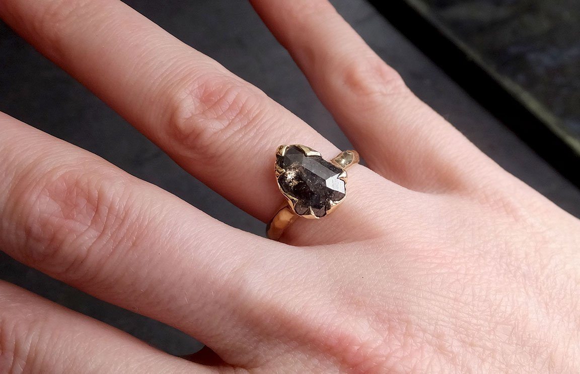 fancy cut salt and pepper diamond solitaire engagement 14k yellow gold wedding ring byangeline 2020 Alternative Engagement