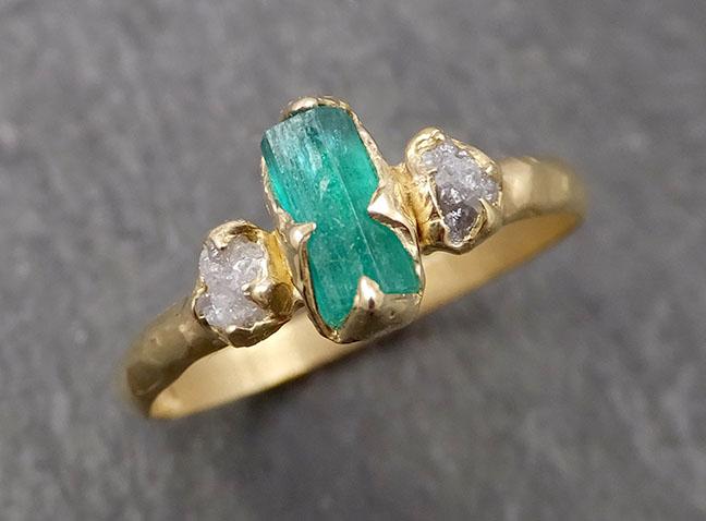 Raw Rough Emerald Conflict Free Diamonds Dainty 18k yellow Gold Ring One Of a Kind Gemstone Multi stone Engagement Wedding Ring Recycled gold 1645 - by Angeline