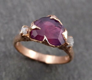 Sapphire Partially Faceted Multi stone Rough Diamond 14k rose Gold Engagement Ring Wedding Ring Custom One Of a Kind Gemstone Ring 1669 - by Angeline