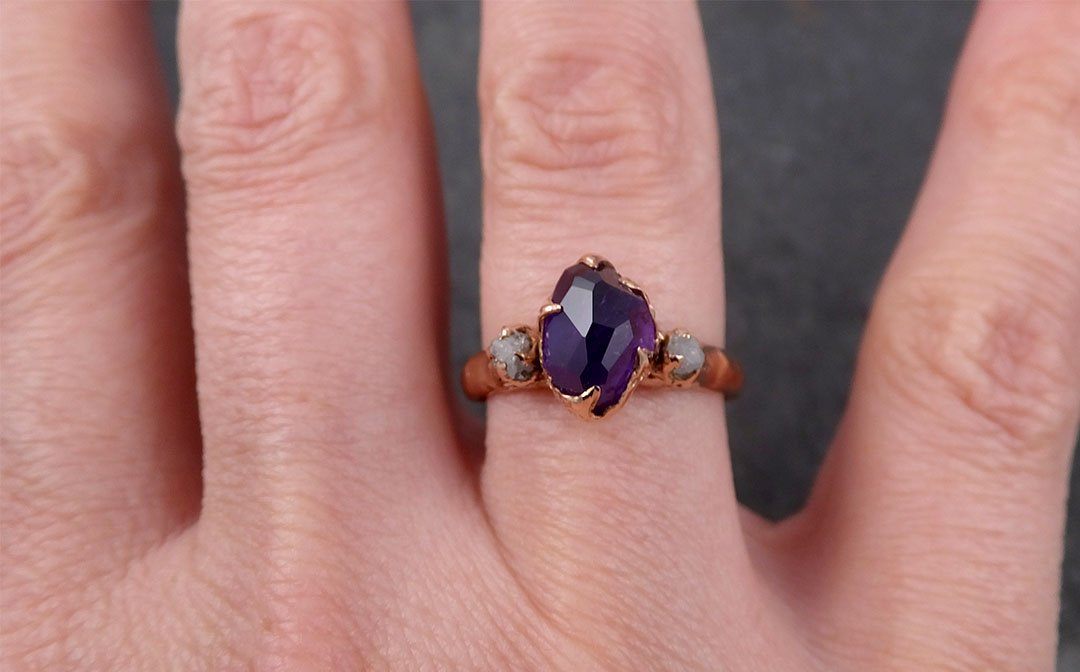 Partially Faceted purple Sapphire 14k Rose gold Multi Stone Ring Gold Gemstone Engagement Ring 1663 - by Angeline