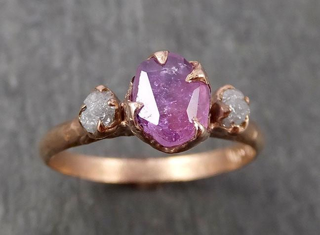 Partially Faceted Sapphire Raw Multi stone Rough Diamond 14k rose Gold Engagement Ring Wedding Ring Custom One Of a Kind Gemstone Ring 1666 - by Angeline