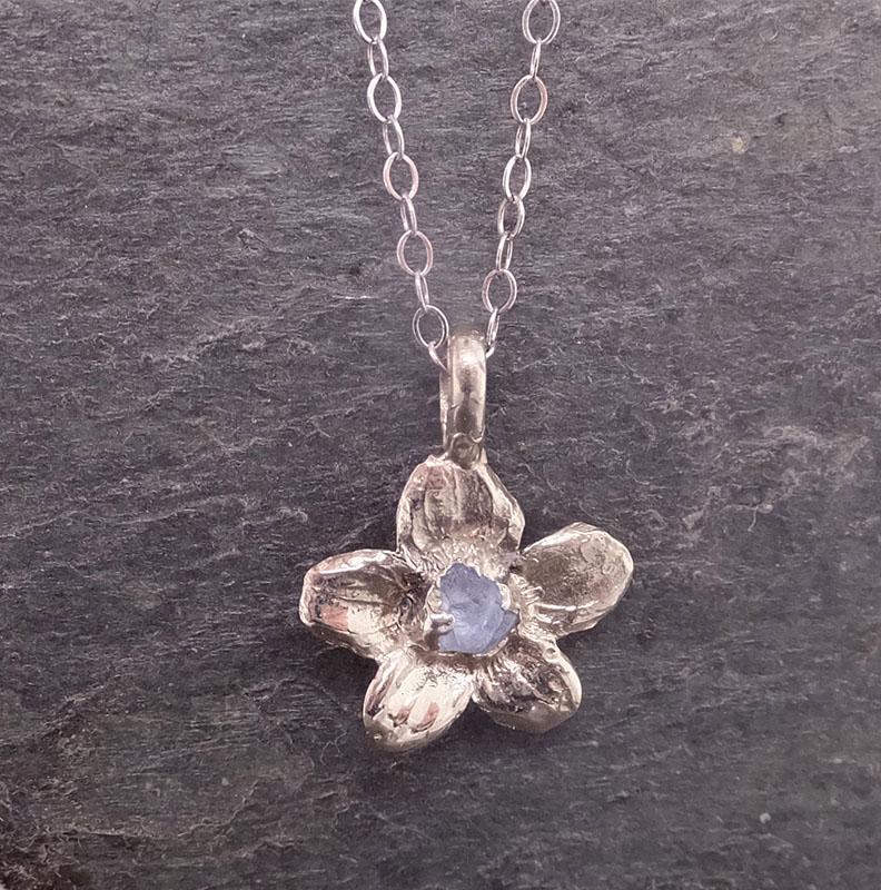 Raw Rough Dainty Sapphire White Gold Phlox Flower Pendant Charm Necklace Sapphire Hammered Flower By Angeline 2048