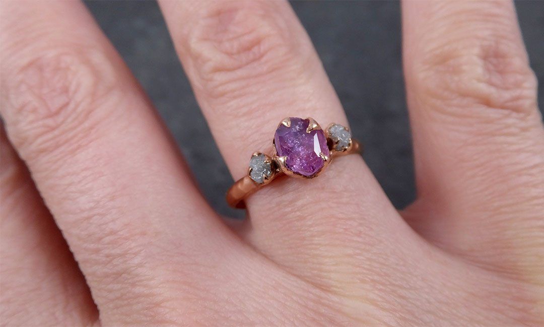 Partially Faceted Sapphire Raw Multi stone Rough Diamond 14k rose Gold Engagement Ring Wedding Ring Custom One Of a Kind Gemstone Ring 1666 - by Angeline