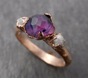 Sapphire Partially Faceted Multi stone Rough Diamond 14k rose Gold Engagement Ring Wedding Ring Custom One Of a Kind Gemstone Ring 1661 - by Angeline