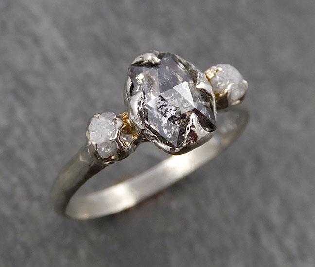Faceted Fancy cut Salt and Pepper Diamond Engagement 18k White Gold Multi stone Wedding Ring Rough Diamond Ring byAngeline 1667 - by Angeline