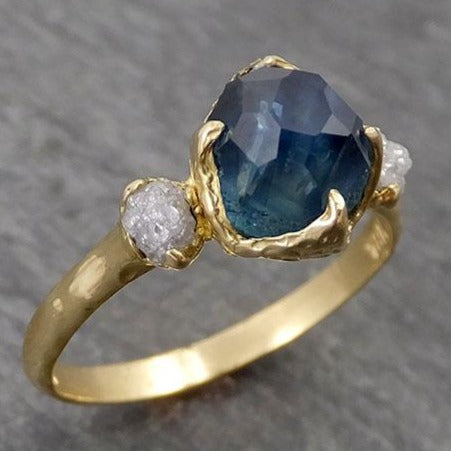 Partially faceted Montana Sapphire Diamond 18k yellow Gold Engagement Wedding Ring Custom One Of a Kind blue Gemstone Ring Multi stone Ring 1682 - by Angeline