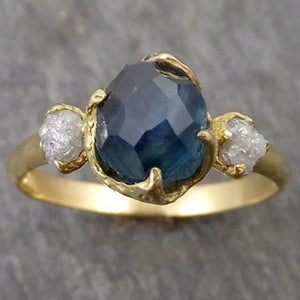 Partially faceted Montana Sapphire Diamond 18k yellow Gold Engagement Wedding Ring Custom One Of a Kind blue Gemstone Ring Multi stone Ring 1682 - by Angeline