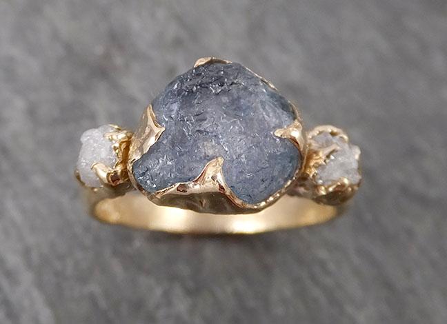 Raw Montana Sapphire Diamond Yellow Gold Engagement Ring Wedding Ring Custom One Of a Kind Gemstone Multi stone Ring 1684 - by Angeline