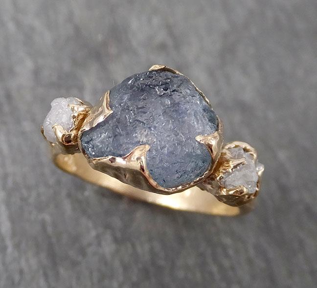 Raw Montana Sapphire Diamond Yellow Gold Engagement Ring Wedding Ring Custom One Of a Kind Gemstone Multi stone Ring 1684 - by Angeline