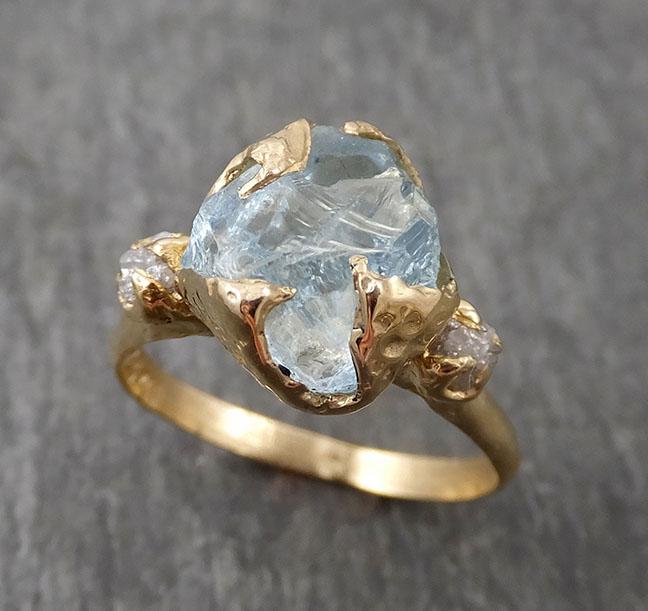 Raw Uncut Aquamarine Diamond yellow Gold Engagement Ring Multi stone Wedding 14k Ring Custom Gemstone Bespoke Three stone Ring byAngeline 1683 - by Angeline