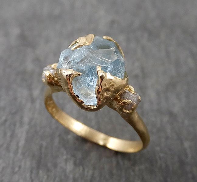 Raw Uncut Aquamarine Diamond yellow Gold Engagement Ring Multi stone Wedding 14k Ring Custom Gemstone Bespoke Three stone Ring byAngeline 1683 - by Angeline
