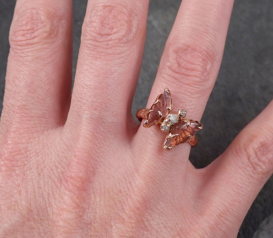 Pink Tourmaline Butterfly rough Diamond 14k Rose Gold Ring One Of a Kind Gemstone Ring Bespoke byAngeline 1694 - by Angeline