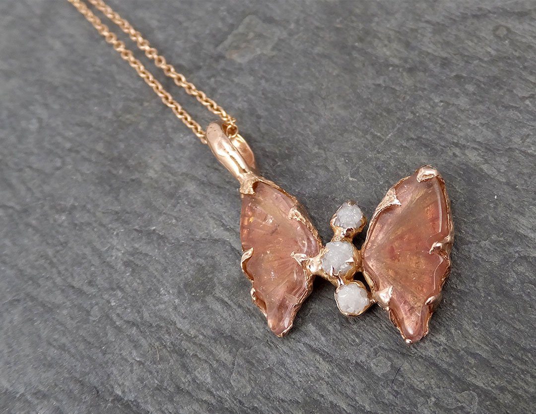 Pink Tourmaline Butterfly rough Diamond 14k Rose Gold Pendant One Of a Kind Gemstone Pendant Bespoke byAngeline 1695 - by Angeline