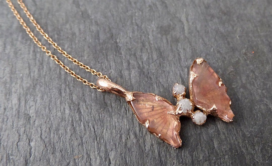Pink Tourmaline Butterfly rough Diamond 14k Rose Gold Pendant One Of a Kind Gemstone Pendant Bespoke byAngeline 1695 - by Angeline
