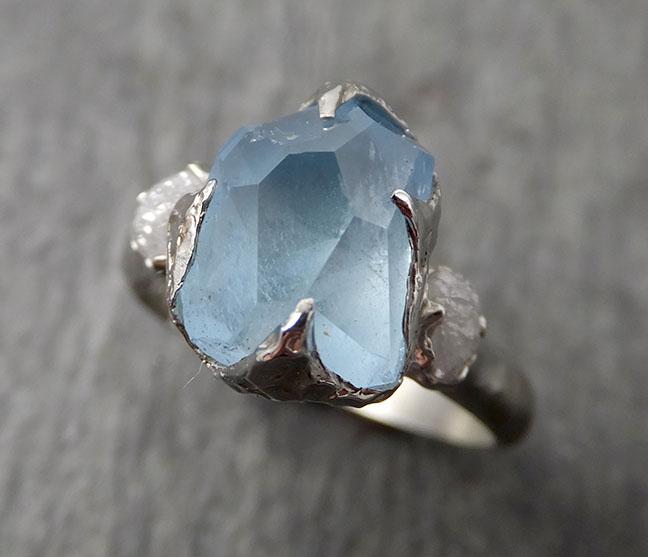 Raw Rough and partially Faceted Aquamarine Diamond 14k White Gold Multi stone Ring One Of a Kind Gemstone Ring Recycled gold 1698 - by Angeline
