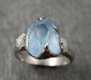 Raw Rough and partially Faceted Aquamarine Diamond 14k White Gold Multi stone Ring One Of a Kind Gemstone Ring Recycled gold 1698 - by Angeline
