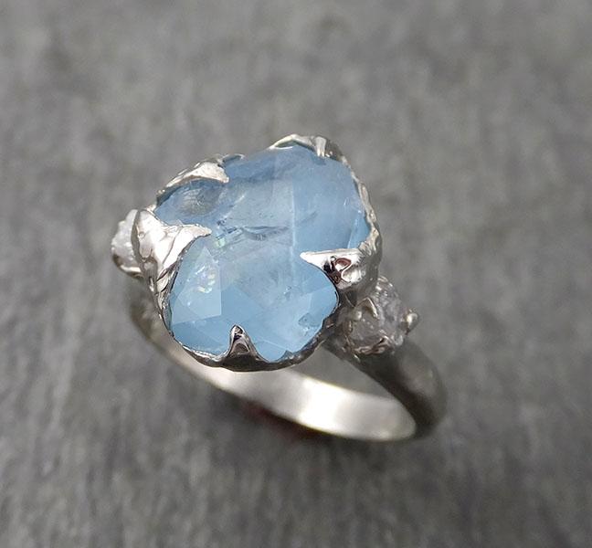 Raw Rough and partially Faceted Aquamarine Diamond 14k White Gold Multi stone Ring One Of a Kind Gemstone Ring Recycled gold 1699 - by Angeline
