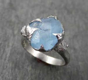 Raw Rough and partially Faceted Aquamarine Diamond 14k White Gold Multi stone Ring One Of a Kind Gemstone Ring Recycled gold 1699 - by Angeline
