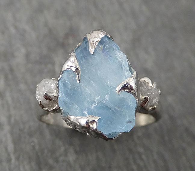 Uncut Aquamarine Diamond White Gold Engagement Ring Wedding Ring Custom One Of a Kind Gemstone Ring Multi stone Ring 1697 - by Angeline