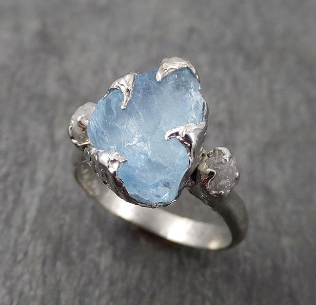 Uncut Aquamarine Diamond White Gold Engagement Ring Wedding Ring Custom One Of a Kind Gemstone Ring Multi stone Ring 1697 - by Angeline