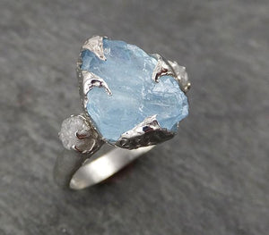 Uncut Aquamarine Diamond White Gold Engagement Ring Wedding Ring Custom One Of a Kind Gemstone Ring Multi stone Ring 1697 - by Angeline