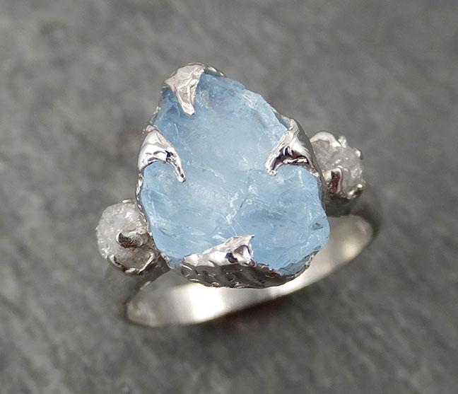 Uncut Aquamarine Diamond White Gold Engagement Ring Wedding Ring Custom One Of a Kind Gemstone Ring Multi stone Ring 1697 - by Angeline