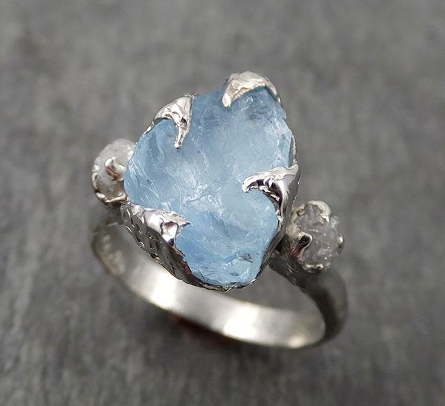 Uncut Aquamarine Diamond White Gold Engagement Ring Wedding Ring Custom One Of a Kind Gemstone Ring Multi stone Ring 1697 - by Angeline