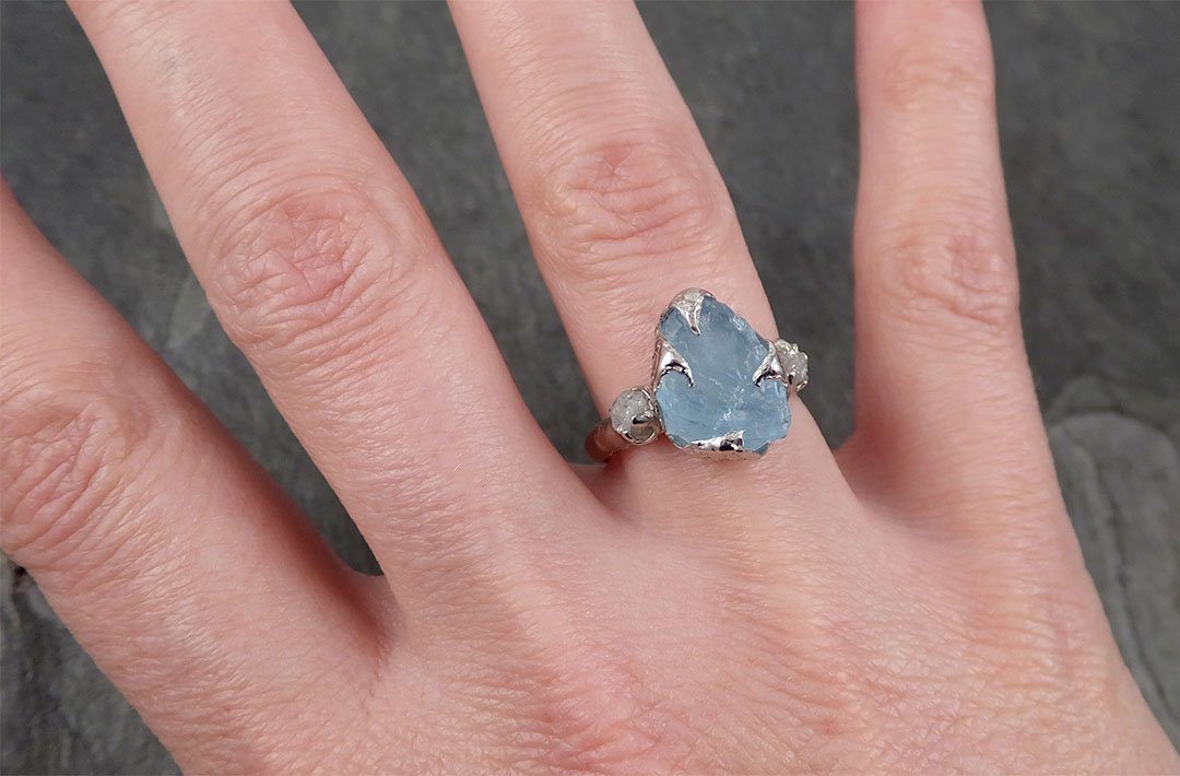 Uncut Aquamarine Diamond White Gold Engagement Ring Wedding Ring Custom One Of a Kind Gemstone Ring Multi stone Ring 1697 - by Angeline