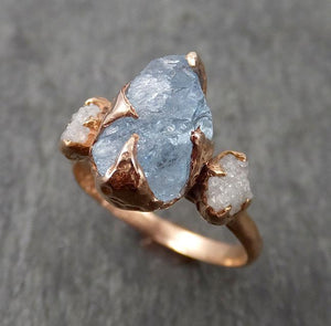 Aquamarine Diamond Raw Uncut rose 14k Gold Engagement Ring Multi stone Wedding Ring Custom One Of a Kind Gemstone Bespoke byAngeline 1696 - by Angeline